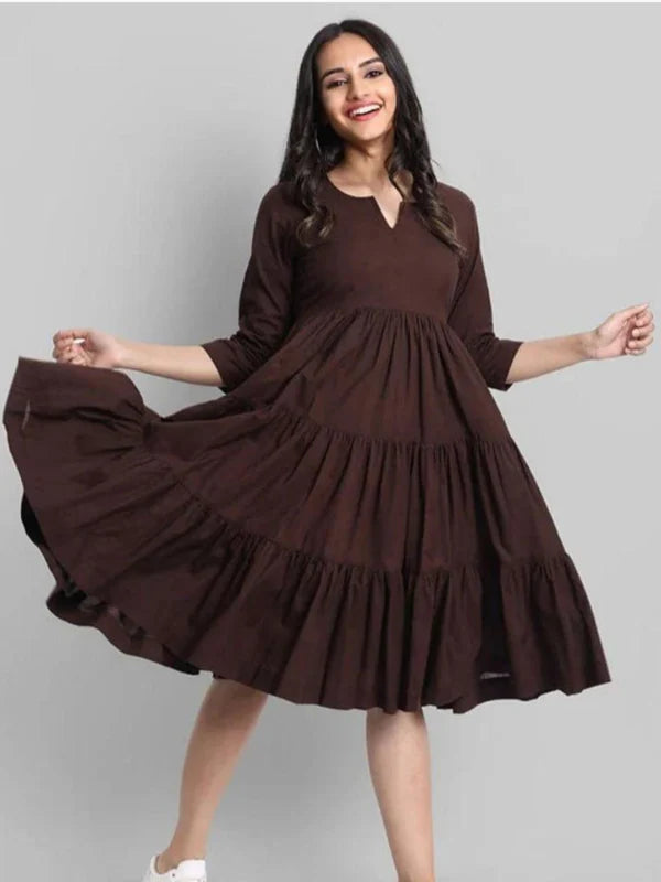 BROWN FLARED TIER DRESS IN RAYON | INDOLADY