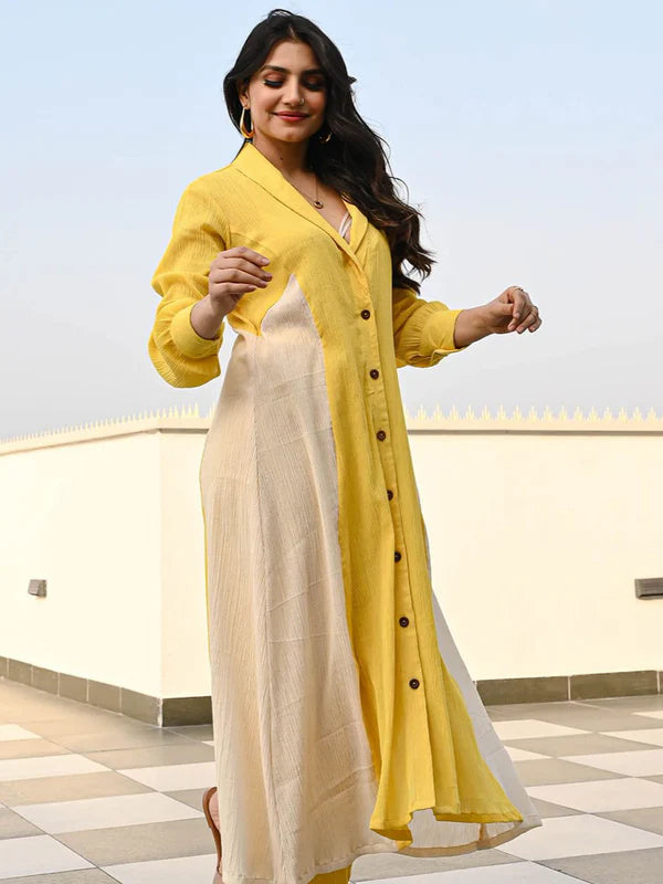 SUNBEAM DUAL-TONE RAYON KURTA SET – YELLOW & BEIGE