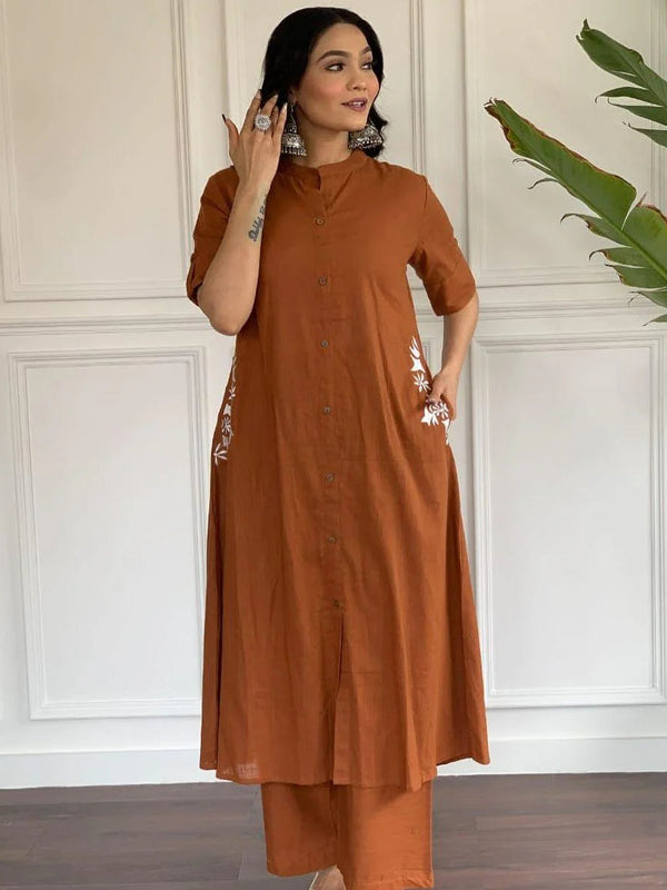 RUST BROWN COTTON KURTA SET WITH EMBROIDERED DETAIL