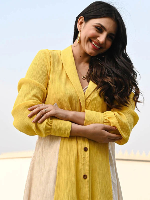 SUNBEAM DUAL-TONE RAYON KURTA SET – YELLOW & BEIGE