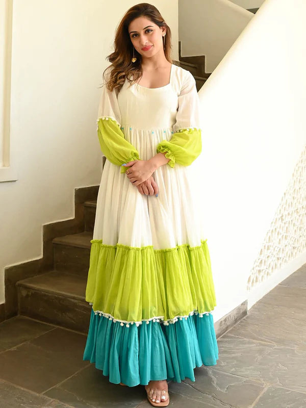MULTICOLOR TIERED FLARED LONG DRESS IN PREMIUM COTTON