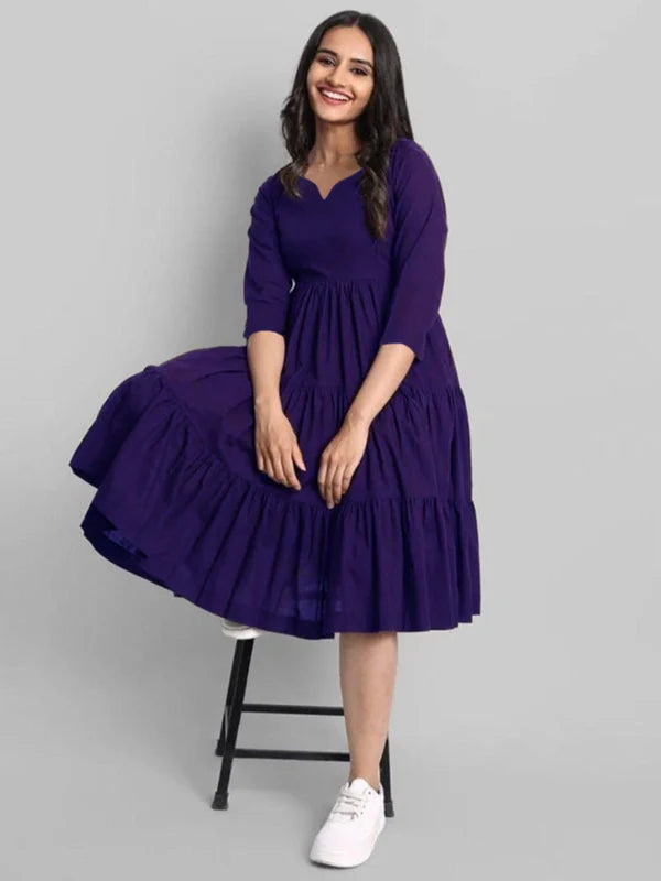 PURPLE FLARED TIER DRESS IN RAYON | INDOLADY