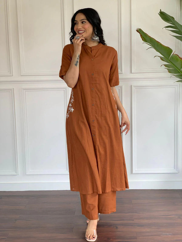 RUST BROWN COTTON KURTA SET WITH EMBROIDERED DETAIL