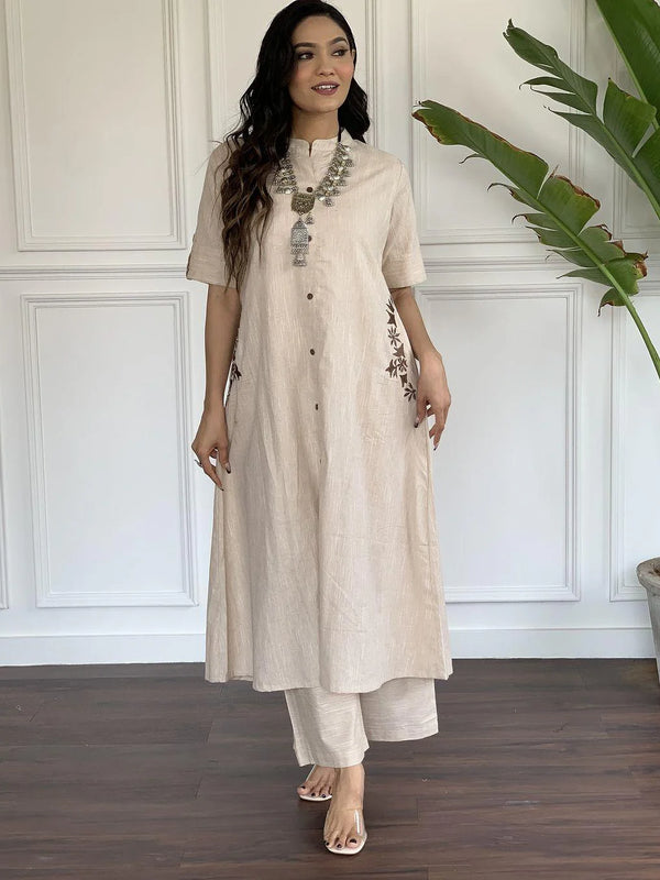 BEIGE COTTON KURTA SET WITH FLORAL SIDE EMBROIDERY