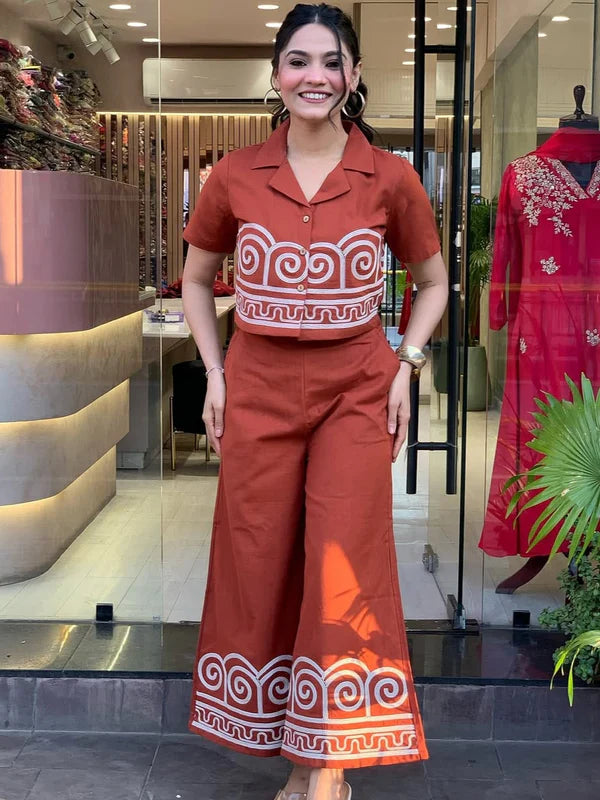 TERRACOTTA TWIST – EMBROIDERED COTTON CO-ORD SET WITH CROP SHIRT & FLARED PANTS