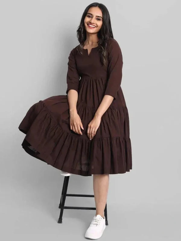 BROWN FLARED TIER DRESS IN RAYON | INDOLADY