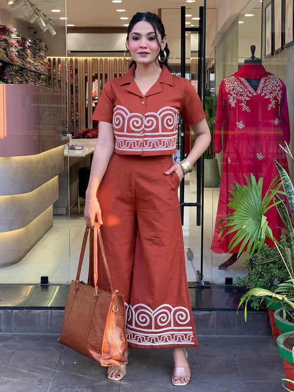 TERRACOTTA TWIST – EMBROIDERED COTTON CO-ORD SET WITH CROP SHIRT & FLARED PANTS