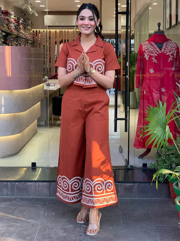 TERRACOTTA TWIST – EMBROIDERED COTTON CO-ORD SET WITH CROP SHIRT & FLARED PANTS