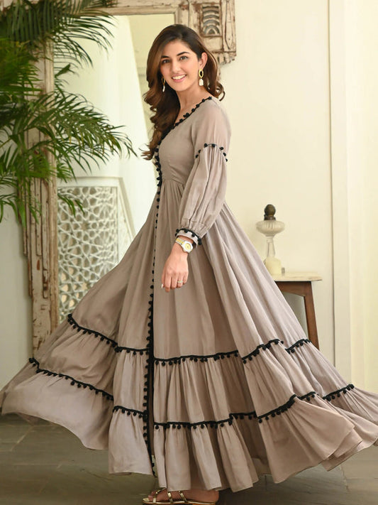 BROWN POMPOM DRESS – FLOOR