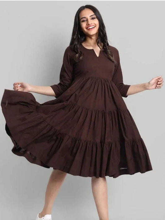 BROWN FLARED TIER DRESS IN RAYON | INDOLADY