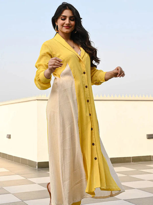 SUNBEAM DUAL-TONE RAYON KURTA SET – YELLOW & BEIGE