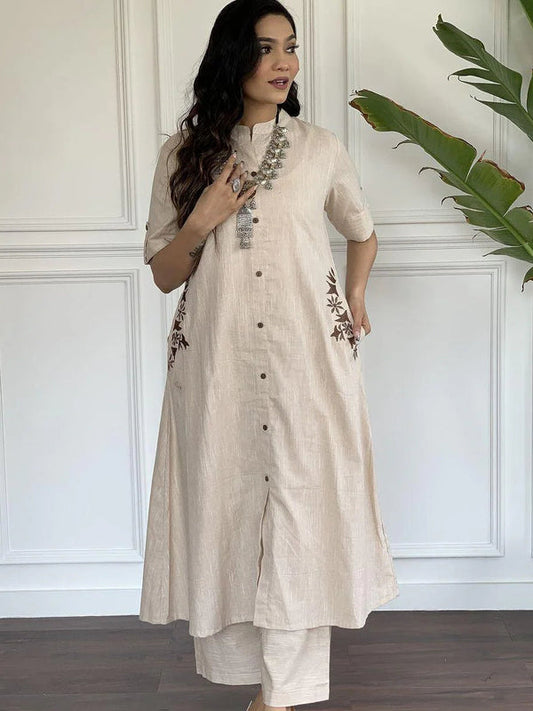 BEIGE COTTON KURTA SET WITH FLORAL SIDE EMBROIDERY